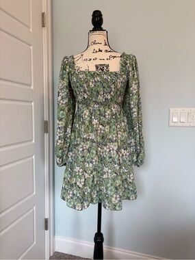Princess Polly Green Floral Smocked Square-Neck Mini Dress